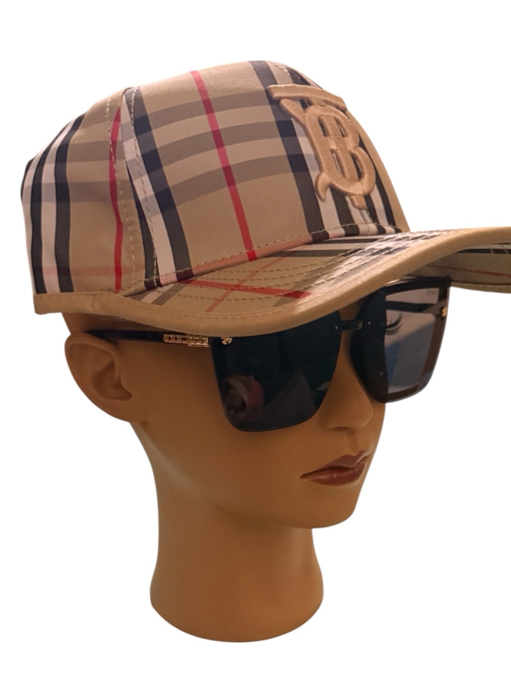 Burberry Beige Plaid Baseball Cap with Embossed Monogram